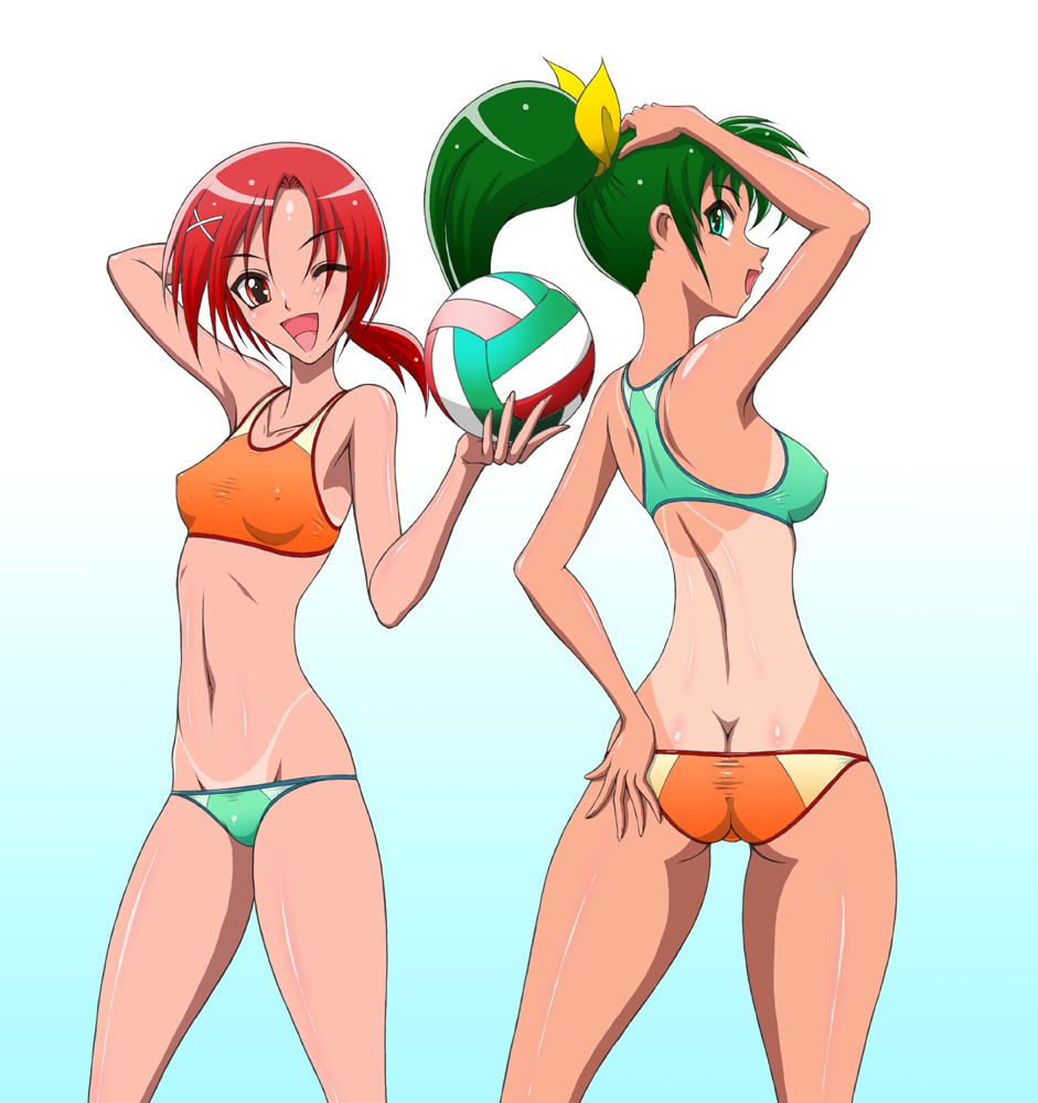 10s 2girls arm_behind_head arm_up ass ball bikini bikini_tan blush bow breasts butt_crack collarbone cosplay costume_switch covered_erect_nipples green_eyes green_hair hair_bow hino_akane_(smile_precure!) holding holding_ball looking_back midorikawa_nao multiple_girls one-piece_tan one_eye_closed ponytail precure red_eyes red_hair short_hair small_breasts smile_precure! sports_bikini swimsuit tan tanline volleyball_(object) vyz03110 wink