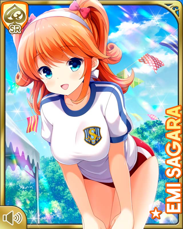 1girl bent_forward blouse blue_eyes breasts buruma card character_name collarbone day girlfriend_(kari) hair_ornament headband large_breasts medium_hair official_art open_mouth orange_hair outdoors qp:flapper red_buruma red_ribbon ribbon sagara_emi shirt sky smile solo standing tagme white_headband white_shirt