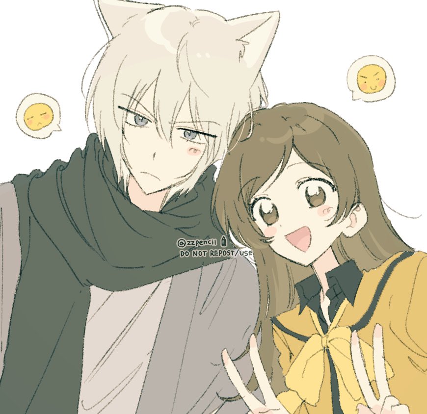 1boy 1girl animal_ears brown_eyes brown_hair double_v fox_boy fox_ears grey_eyes japanese_clothes kamisama_hajimemashita kimono long_hair momozono_nanami scarf school_uniform short_hair simple_background spoken_emoji tomoe_(kamisama_hajimemashita) upper_body v white_background white_hair zzpencil