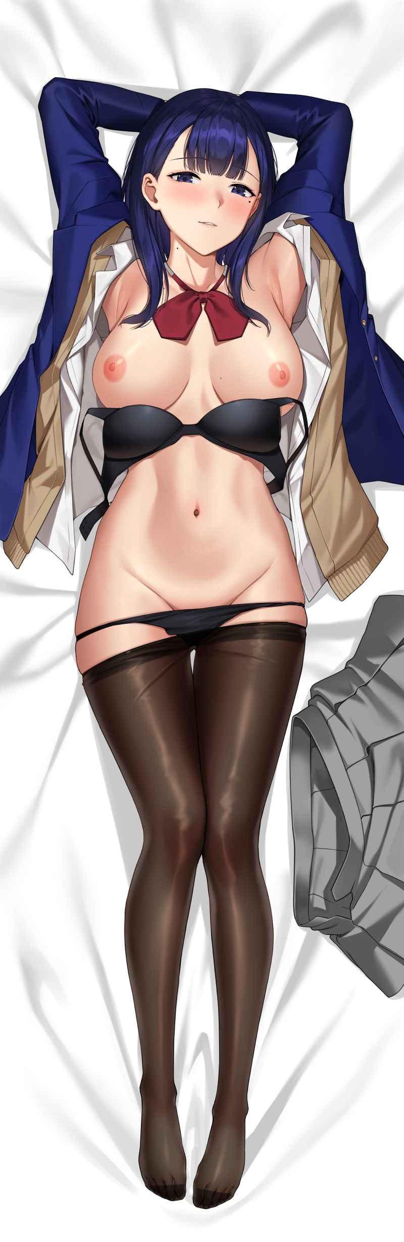 1girl absurdres barefoot bed_sheet black_pantyhose blue_eyes blue_hair blue_jacket blush breasts brown_cardigan cardigan censored commission dakimakura_(medium) deras feet fine_fabric_emphasis from_above full_body grey_skirt highres jacket long_hair looking_at_viewer lying miru_tights mole mole_under_eye nakabeni_yua navel nipples no_shoes on_back panties panty_pull pantyhose pixiv_commission school_uniform sheet_grab shirt skirt smile soles solo thigh_gap thighband_pantyhose toes torn_clothes torn_pantyhose underwear unworn_skirt white_shirt