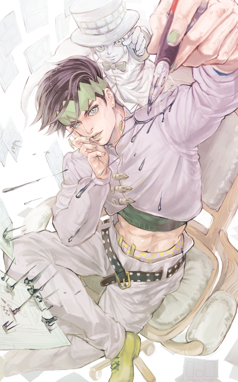 2boys earrings green_eyes headband heaven&#039;s_door highres jewelry jojo_no_kimyou_na_bouken kishibe_rohan midriff multiple_boys nail_polish pen saiouga-uma stand_(jojo)