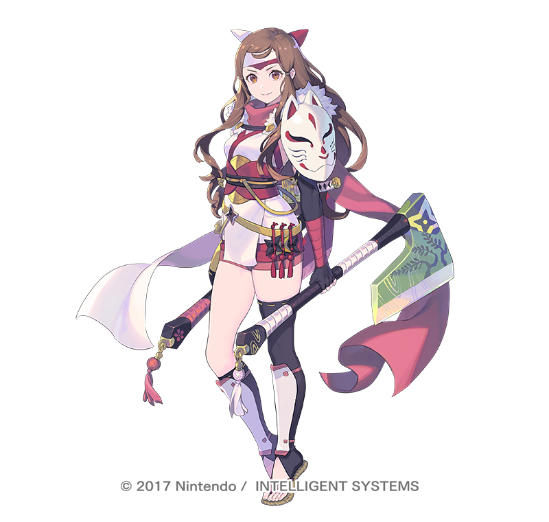 1girl armor asymmetrical_legwear axe battle_axe breasts brown_eyes brown_hair closed_mouth commentary_request copyright_notice detached_sleeves dual_wielding elbow_gloves enkyo_yuuichirou fingerless_gloves fire_emblem fire_emblem_fates fire_emblem_heroes fox_mask full_body fur_trim gloves hana_(fire_emblem) hana_(ninja)_(fire_emblem) headband holding holding_weapon japanese_clothes lips long_hair looking_at_viewer mask medium_breasts ninja nintendo official_art reverse_grip sandals shin_guards shoulder_armor shuriken smile solo standing sword thighs toeless_legwear toes uneven_legwear weapon white_background