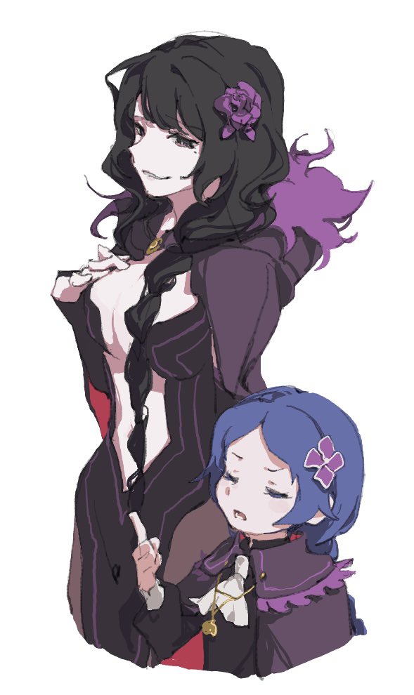 2girls black_hair blue_hair braid braided_ponytail breasts cape center_opening cleavage closed_eyes elsa_granhilte flower fur_trim hair_flower hair_ornament large_breasts long_hair meili_portroute mole mole_under_eye multiple_girls purple_eyes purple_flower purple_rose re:zero_kara_hajimeru_isekai_seikatsu revealing_clothes rose smile