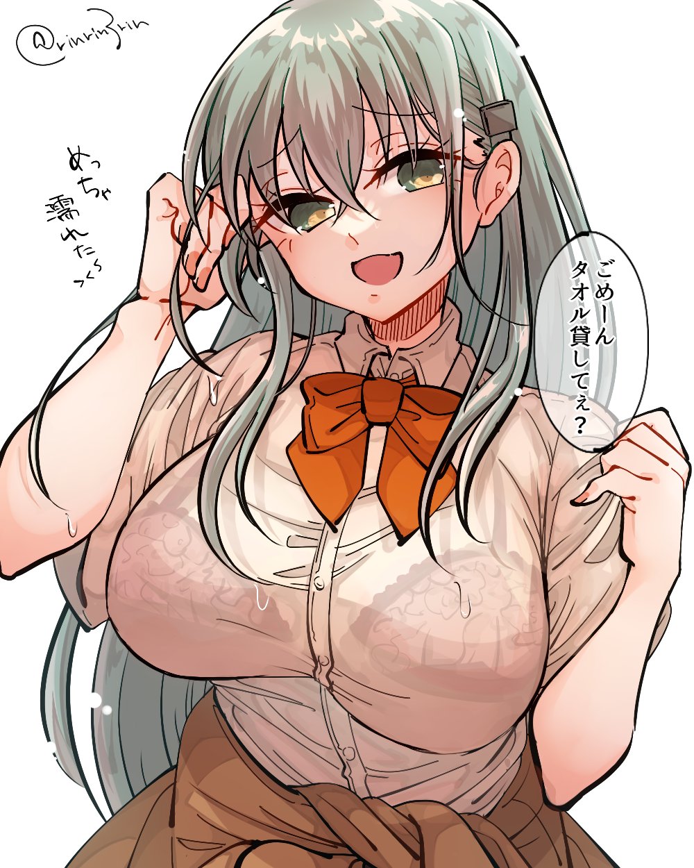 1girl bow bowtie bra_visible_through_clothes breasts cardigan cardigan_around_waist clothes_around_waist commentary_request green_eyes grey_hair highres kantai_collection large_breasts matsunaga_(haku) orange_bow orange_bowtie shirt simple_background smile solo suzuya_(kancolle) suzuya_kai_ni_(kancolle) translation_request upper_body wet wet_clothes white_background white_shirt