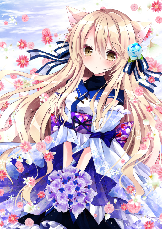 1girl animal_ears blonde_hair blue_sky bouquet cat_ears cloud detached_sleeves female_focus floral_print flower gradient_background hair_flower hair_ornament hair_ribbon japanese_clothes kimono long_hair long_sleeves looking_at_viewer nanase_kureha nanase_nao obi original ribbon sash sky solo very_long_hair wide_sleeves yellow_eyes