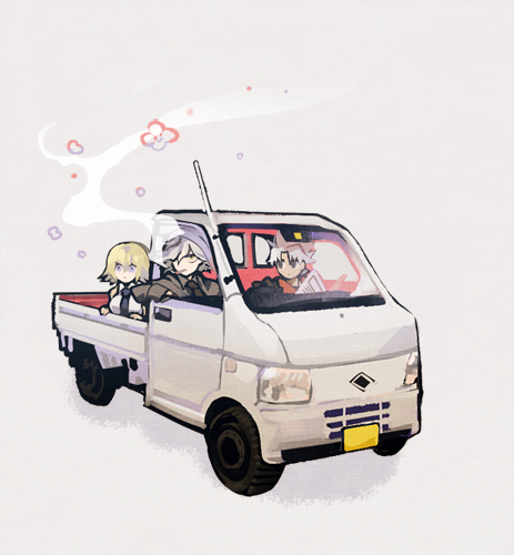 1girl 2boys amakusa_shirou_(fate) black_necktie blonde_hair car cigarette driving edmond_dantes_(fate) fate/grand_order fate_(series) grey_background grey_hair hiko_(lg612) jeanne_d&#039;arc_(fate) jeanne_d&#039;arc_(girl_from_orleans)_(fate) lowres motor_vehicle multiple_boys necktie short_hair smoke smoke_trail smoking