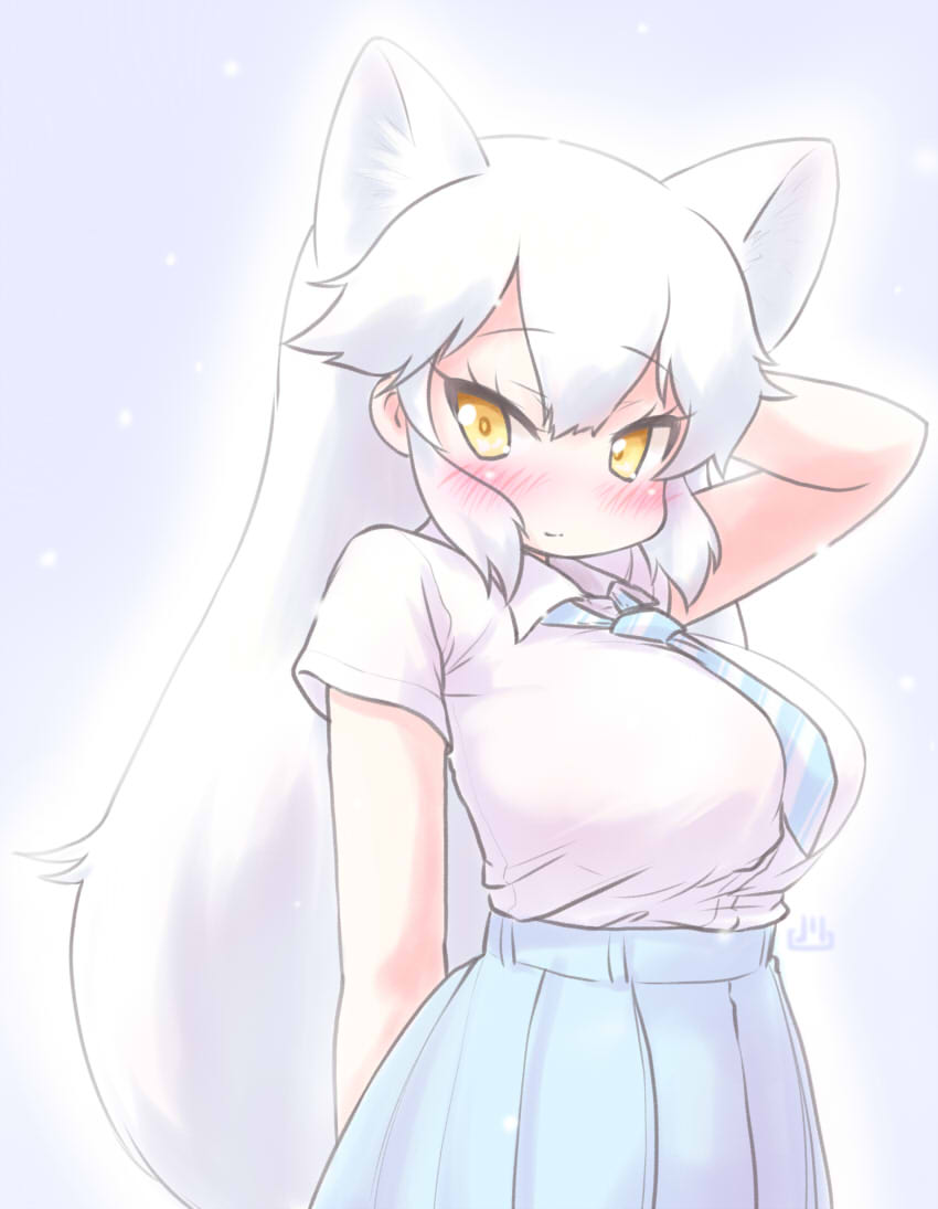 1girl alternate_costume animal_ears arctic_fox_(kemono_friends) arm_behind_head blue_necktie blue_skirt blush collared_shirt cowboy_shot diagonal-striped_clothes diagonal-striped_necktie fox_ears fox_girl fox_tail glowing hair_between_eyes kemono_friends long_hair necktie pleated_skirt shirt shirt_tucked_in short_sleeves sidelocks skirt solo striped_clothes t-shirt tail two-tone_necktie uho_(uhoyoshi-o) white_hair white_necktie white_shirt yellow_eyes