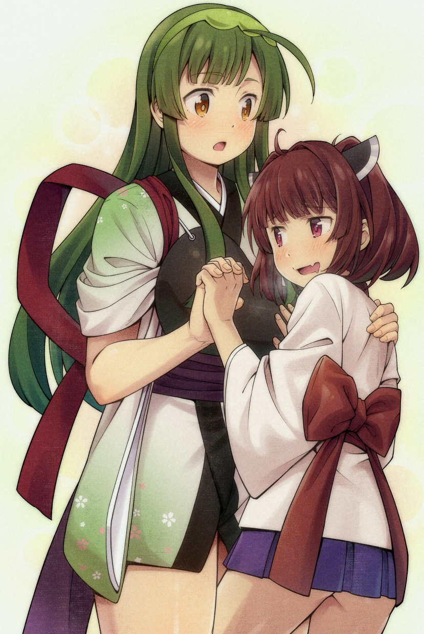 2girls :d ass back_bow blue_skirt blush bow brown_eyes brown_hair commentary_request drooling fang green_background green_hair hair_intakes headgear highres holding_hands interlocked_fingers jabittoson japanese_clothes kimono long_hair long_sleeves mouth_drool multiple_girls muneate open_mouth pleated_skirt red_bow red_eyes short_sleeves skirt smile tasuki touhoku_kiritan touhoku_zunko twintails very_long_hair voiceroid white_kimono wide_sleeves yuri