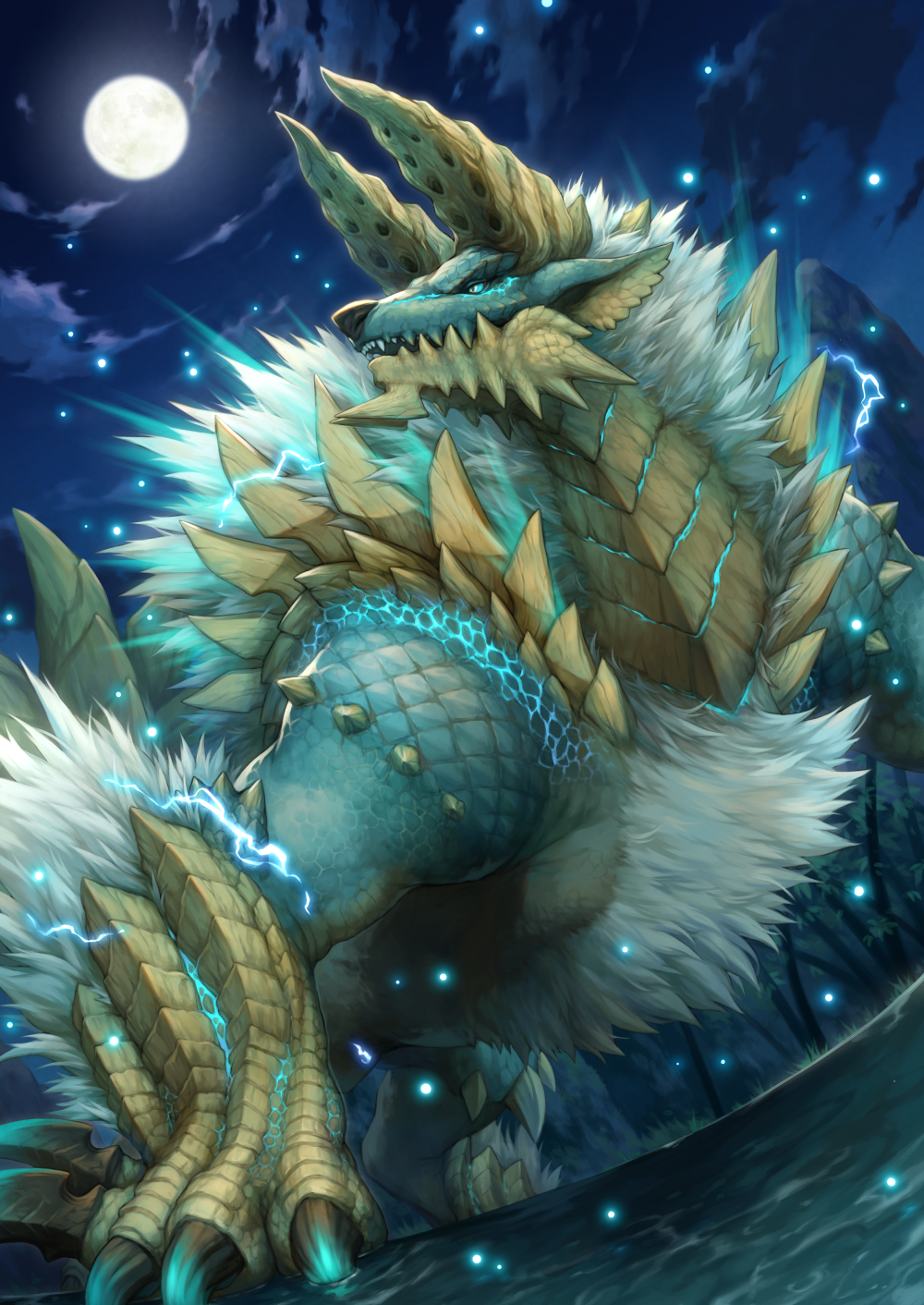 animal_focus claws cloud commentary_request electricity from_below full_moon highres kemonomichi_(blue_black) looking_to_the_side monster monster_hunter_(series) monster_hunter_rise moon night no_humans outdoors sharp_teeth standing teeth zinogre