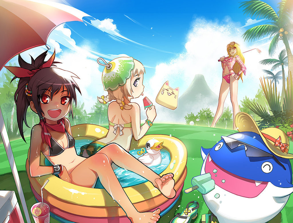 3girls :d bad_id bad_pixiv_id barefoot bikini black_hair blonde_hair braid cloud day dolfini feet food golf golf_club hand_on_own_hip kooh long_hair looking_at_viewer looking_back multiple_girls nell_(pangya) octoman open_mouth outdoors palm_tree pangya papel ponytail popsicle red_eyes sandals sky smile spika_(pangya) summer swimsuit tan tanline tree twin_braids wading_pool water