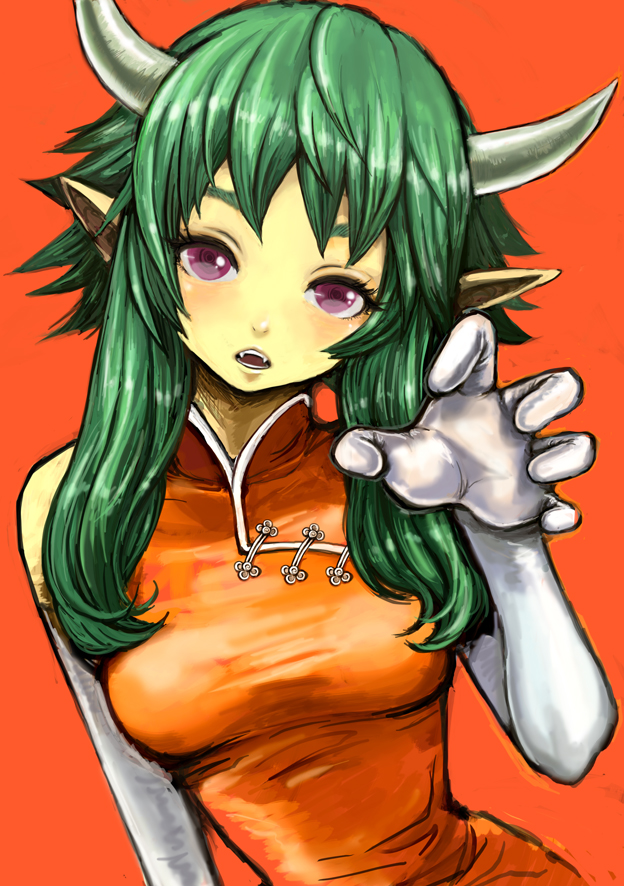 1girl china_dress chinese_clothes draco_centauros dress elbow_gloves female_focus gloves green_hair horns madou_monogatari pointy_ears purple_eyes puyopuyo riry short_hair sidelocks solo