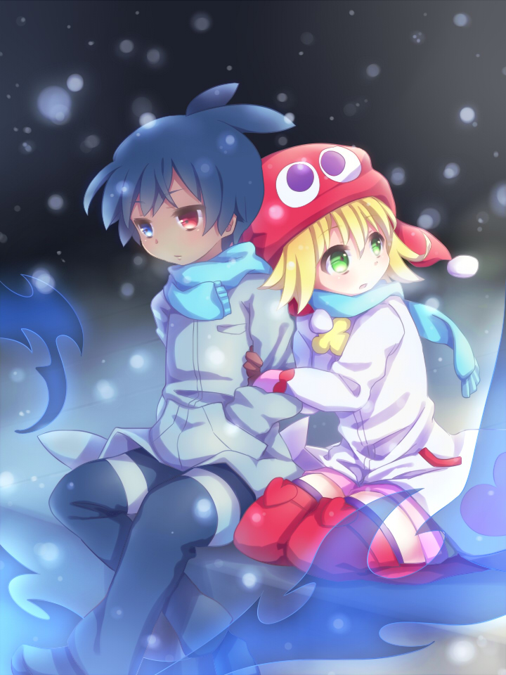 1boy 1girl amitie_(puyopuyo) arm_hug black_sig blonde_hair blue_eyes blue_hair gloves green_eyes hand_in_pocket hat heterochromia jacket madou_monogatari pants puyopuyo puyopuyo_20th_anniversary puyopuyo_fever red_amitie red_eyes red_thighhighs scarf short_hair shorts sig_(puyopuyo) snow thighhighs winter yosaki_(shoki1white)