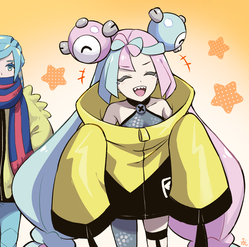 bow-shaped_hair character_hair_ornament creatures_(company) game_freak grey_pantyhose grusha_(pokemon) hair_ornament hexagon_print iono_(pokemon) jacket long_hair low-tied_long_hair min_(myna8247) multicolored_hair nintendo oversized_clothes pantyhose pokemon pokemon_sv sharp_teeth single_leg_pantyhose sleeves_past_wrists split-color_hair teeth two-tone_hair very_long_sleeves x yellow_jacket