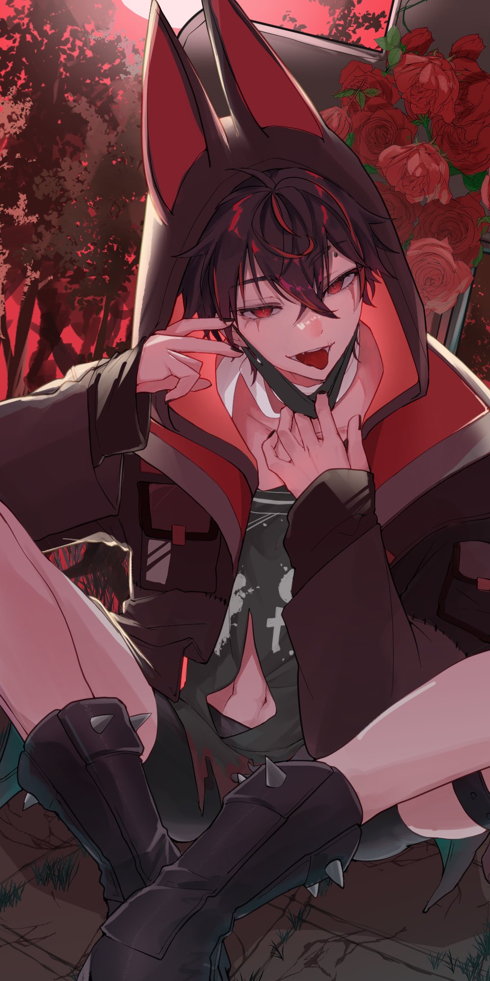 1boy animal_ear_hood animal_hood bandaged_neck bandages black_footwear black_hair black_hoodie black_mask black_nails black_shirt dog_hood eyebrow_piercing fake_animal_ears flower highres hood hoodie kuro_kurenai long_sleeves looking_at_viewer male_focus midriff_peek multicolored_hair open_mouth piercing print_shirt red_eyes red_flower red_hair red_rose removing_mask rose ryako_(rya_ko0) shirt short_hair sitting solo spiked_boots streaked_hair tongue tongue_out torn_clothes torn_shirt virtual_youtuber vshojo