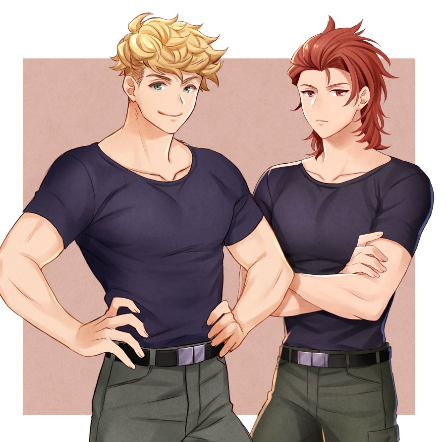 2boys belt black_belt black_shirt blonde_hair closed_mouth crossed_arms granblue_fantasy green_eyes green_pants hands_on_own_hips looking_at_viewer male_focus medium_hair multiple_boys pants percival_(granblue_fantasy) red_eyes red_hair satoimo_sanda shirt short_hair simple_background smile undercut vane_(granblue_fantasy)