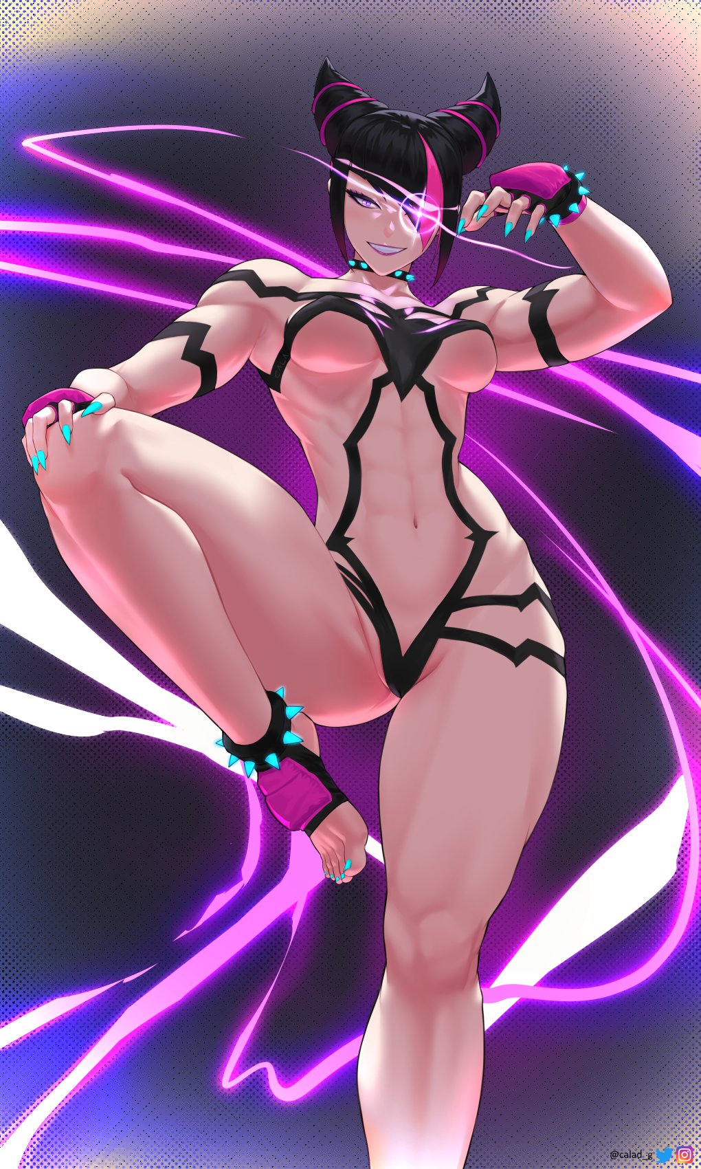 1girl abs aqua_nails arm_up armpit_crease artist_name bare_shoulders black_hair bracelet breasts cameltoe capcom choker collarbone covered_erect_nipples fingerless_gloves gabriel_carrasquillo gloves glowing glowing_eye grin hair_horns hair_over_one_eye han_juri hand_on_own_knee hand_on_own_leg highres instagram_logo jewelry knee_up looking_at_viewer medium_breasts multicolored_hair nail_polish navel pink_hair purple_eyes purple_lips revealing_clothes short_hair smile solo spiked_anklet spiked_bracelet spiked_choker spikes standing standing_on_one_leg streaked_hair street_fighter street_fighter_6 thick_thighs thighs toeless_footwear toes toned twitter_logo twitter_username two-tone_hair underboob