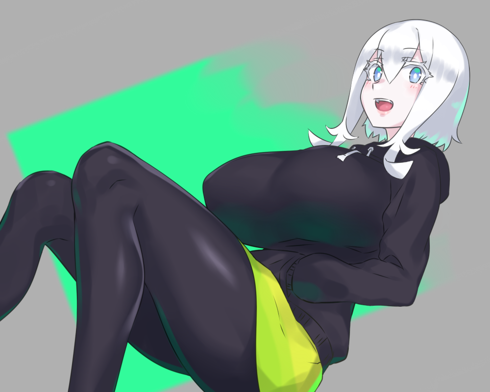 1girl black_pantyhose blue_eyes blush breasts female_focus hands_in_pockets hood hoodie huge_breasts large_breasts looking_at_viewer mizuumi_(bb) open_mouth original pantyhose riyu_(evuoaniramu) short_hair short_hair_with_long_locks sidelocks smile solo white_hair