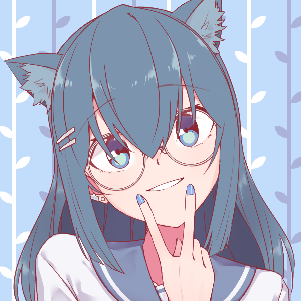 1girl alternate_costume animal_ear_fluff animal_ears bespectacled blue_eyes blue_hair blue_nails cat_ears chinese_commentary glasses head_tilt hololive hololive_china ling_yu_xiao nail_polish rosalyn_(hololive) round_eyewear sailor_collar school_uniform serafuku smile solo upper_body virtual_youtuber