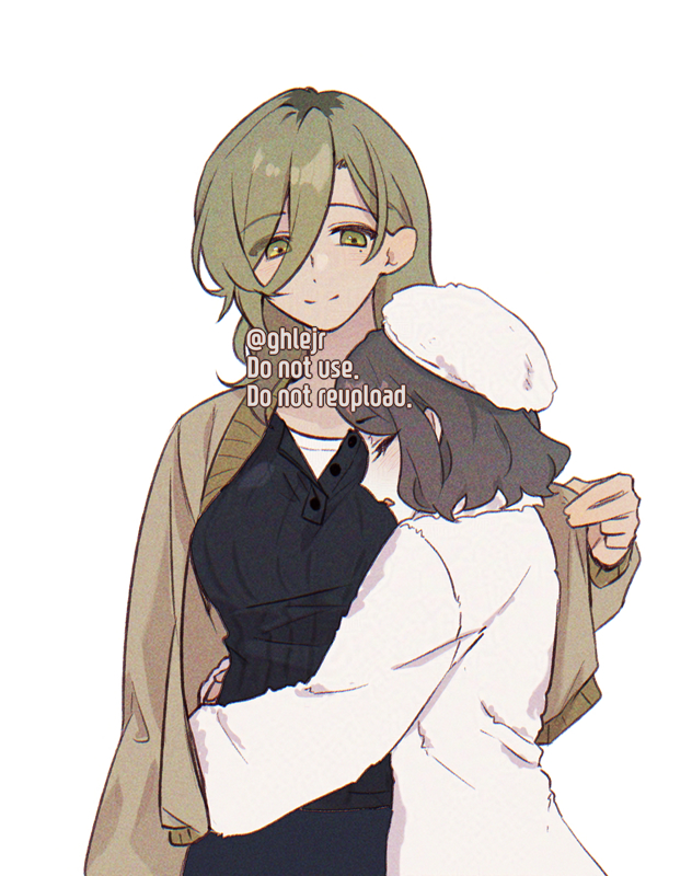 2girls black_shirt brown_cardigan brown_hair cardigan closed_eyes closed_mouth coat commentary_request ebizuka_tomo ghlejr girls_band_cry green_eyes green_hair hat long_hair medium_hair mole mole_under_eye multicolored_hair multiple_girls open_mouth roots_(hair) rupa_(girls_band_cry) shared_clothes shirt simple_background smile watermark white_background white_coat white_hat yuri