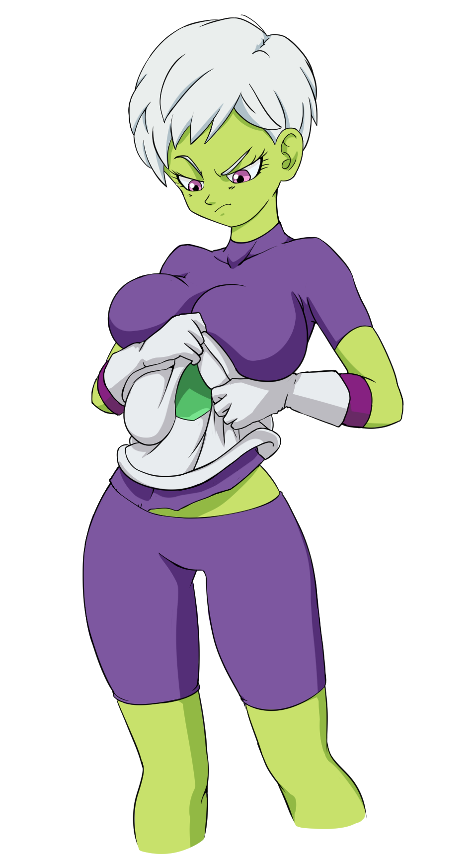 1girl annoyed breasts caisamax cheelai colored_skin dragon_ball dragon_ball_super dragon_ball_super_broly gloves green_skin grey_hair highres large_breasts purple_eyes purple_shirt purple_shorts saiyan_armor shirt short_hair short_sleeves shorts skin_tight solo transparent_background white_gloves