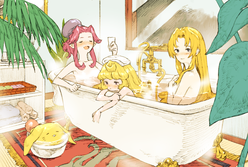 3girls angela_(seiken_densetsu_3) bathtub blonde_hair blush bun_cover charlotte_(seiken_densetsu_3) closed_eyes convenient_censoring cup drinking_glass holding holding_cup indoors long_hair mirror multiple_girls n122425 nude open_mouth palm_leaf parted_bangs partially_submerged pink_hair plant pointy_ears potted_plant rabite_(seiken_densetsu) riesz rug seiken_densetsu seiken_densetsu_3 shared_bathing shower_head steam steam_censor towel towel_on_head water