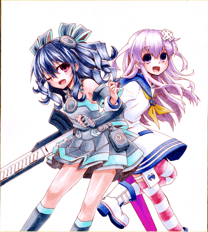 2girls bare_shoulders black_hair blush couple d-pad elbow_gloves gloves hair_ornament hair_ribbon happy long_hair mizunashi_(second_run) multiple_girls nepgear neptune_(series) open_mouth pink_eyes purple_hair ribbon smile striped_clothes striped_legwear striped_thighhighs thighhighs twintails two_side_up uni_(neptunia)