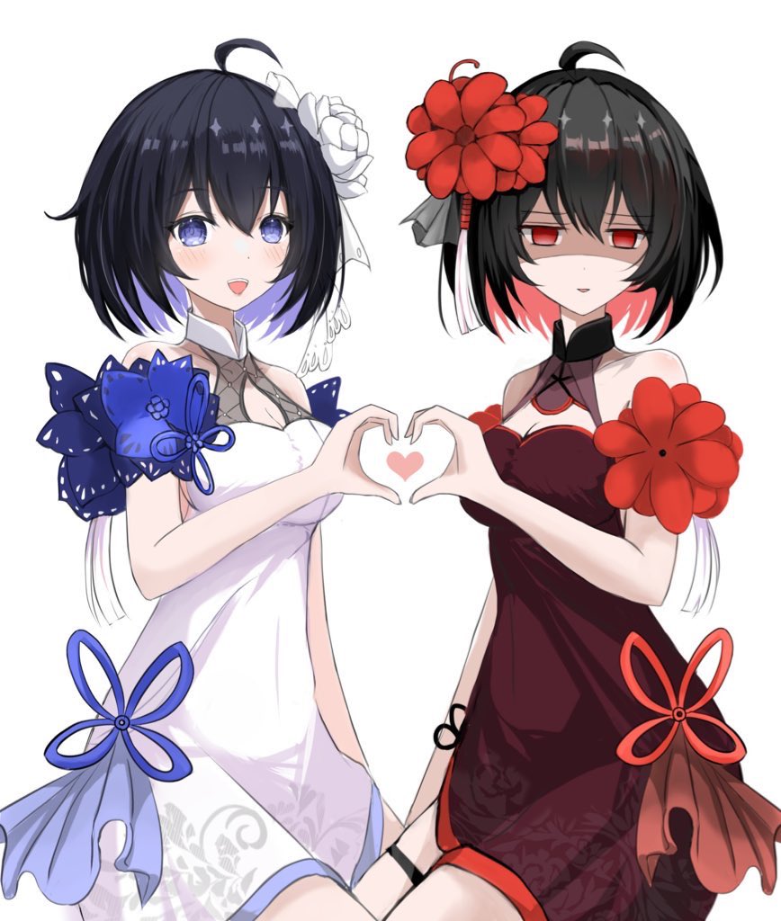 2girls ahoge black_hair blue_eyes blue_hair cleavage_cutout closed_mouth clothing_cutout colored_inner_hair commentary dress flower hair_flower hair_ornament half-closed_eyes halter_dress halterneck heart heart_hands heart_hands_duo honkai_(series) honkai_impact_3rd looking_at_viewer multicolored_hair multiple_girls open_mouth partially_shaded_face red_dress red_eyes red_flower red_hair seele_(alter_ego) seele_vollerei seele_vollerei_(mirrored_flourishes) seele_vollerei_(stygian_nymph) short_hair simple_background smile two-tone_hair unifox0123 white_background white_dress white_flower