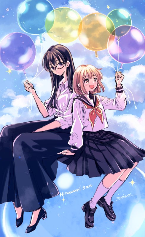 2girls :d arm_between_legs artist_name balloon black_footwear black_hair black_sailor_collar black_skirt bob_cut brown_eyes cloud cloudy_sky collared_shirt commentary copyright_name day expressionless hand_up happy hashtag-only_commentary high_heels himawari-san himawari-san_(character) holding holding_balloon invisible_chair kazamatsuri_matsuri kneehighs light_brown_hair long_skirt long_sleeves looking_at_viewer looking_to_the_side multiple_girls neckerchief open_mouth outdoors pleated_skirt purple_eyes red_neckerchief sailor_collar school_uniform serafuku shirt shoes signature sitting skirt sky sleeves_rolled_up smile socks sparkle star_(symbol) sugano_manami white_shirt white_socks