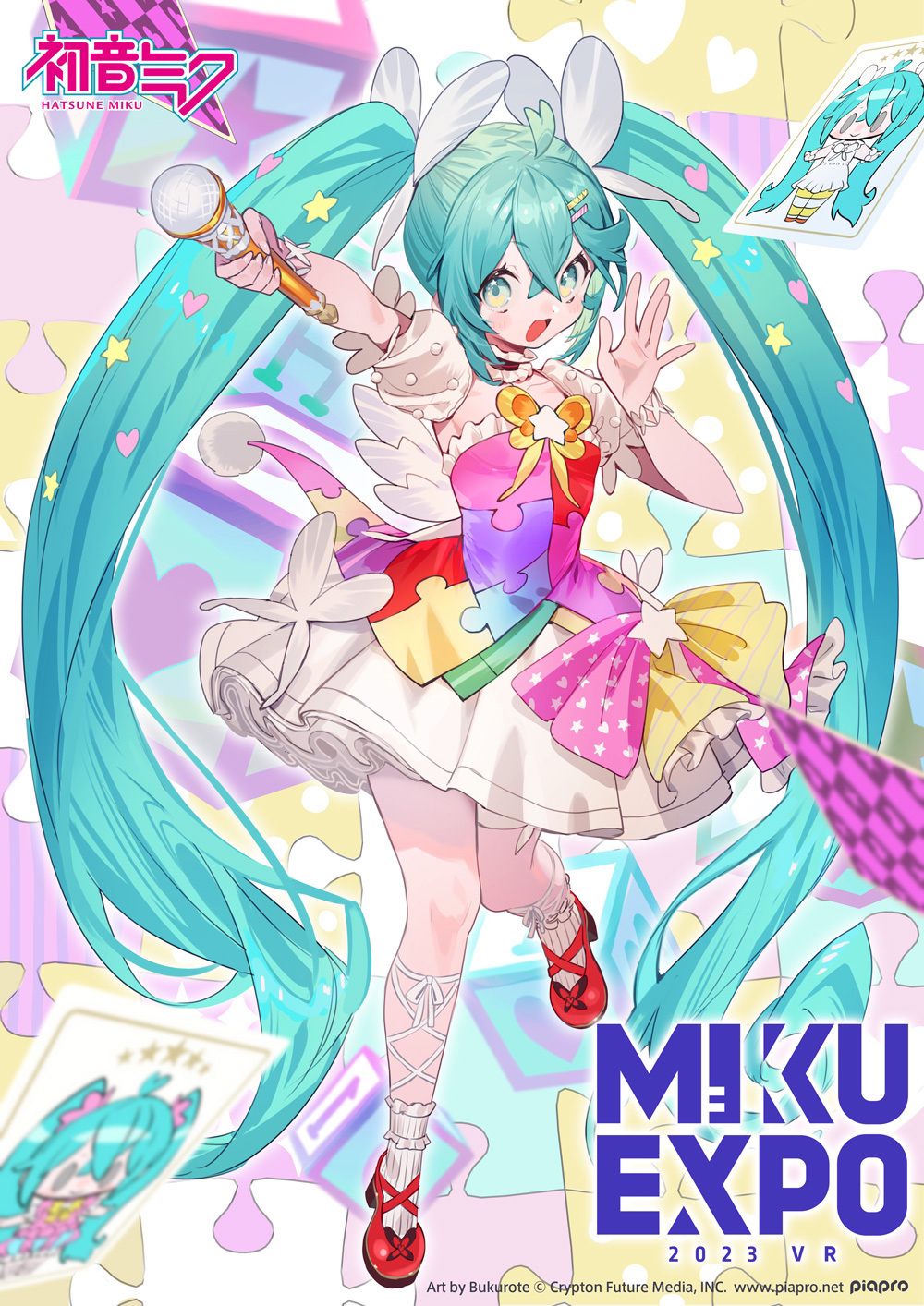 1girl :d aqua_hair armpits artist_name bukurote character_name choker commentary_request copyright_name copyright_notice detached_sleeves dress full_body green_eyes hair_between_eyes hair_ornament hairclip hatsune_miku hatsune_miku_expo heart heart_hair_ornament highres holding holding_microphone logo microphone official_art open_mouth puffy_short_sleeves puffy_sleeves puzzle_piece red_footwear short_sleeves smile socks star_(symbol) star_hair_ornament tongue toy_block vocaloid white_socks