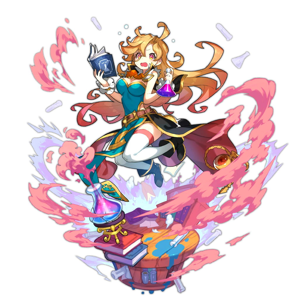 1girl bare_shoulders blonde_hair blush book bookshelf breasts cleavage crack dragalia_lost earrings explosion female_focus flask full_body holding holding_book jewelry jumping long_hair medium_breasts non-web_source official_art open_mouth potion red_eyes saitou_naoki scared sinoa sleeveless solo thighhighs transparent_background vial watch