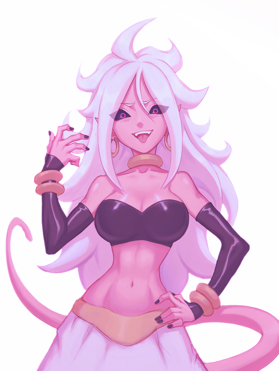 1girl android_21 black_nails black_sclera bracelet breasts cleavage colored_sclera colored_skin commentary detached_sleeves dragon_ball dragon_ball_fighterz earrings eyes_visible_through_hair fangs female_focus highres hoop_earrings jewelry large_breasts light_purple_hair liyart long_hair majin_android_21 messy_hair nail_polish narrow_waist navel neck_ring open_mouth pink_skin red_eyes simple_background solo stomach tail tongue tongue_out upper_body very_long_hair