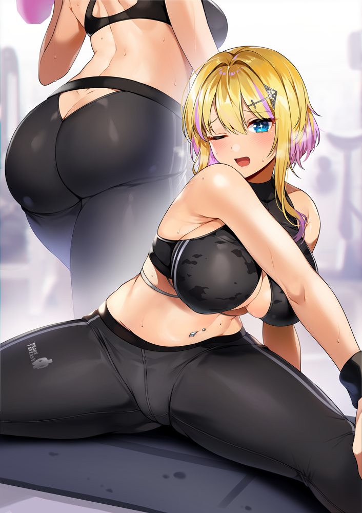 1girl ass ass_cutout azur_lane bare_arms bare_shoulders black_sports_bra blonde_hair blue_eyes blush breasts butt_crack center_opening cleavage cleavage_cutout clothing_cutout commentary dimples_of_venus gijang hair_ornament hairclip halterneck heavy_breathing large_breasts long_hair looking_at_viewer marblehead_(azur_lane) marblehead_(boxing_girl!)_(azur_lane) midriff multicolored_hair multiple_views navel_piercing one_eye_closed open_mouth pants piercing pink_hair short_hair short_hair_with_long_locks sidelocks sleeveless sports_bra spread_legs streaked_hair stretching sweat symbol-shaped_pupils tongue track_pants two-tone_hair