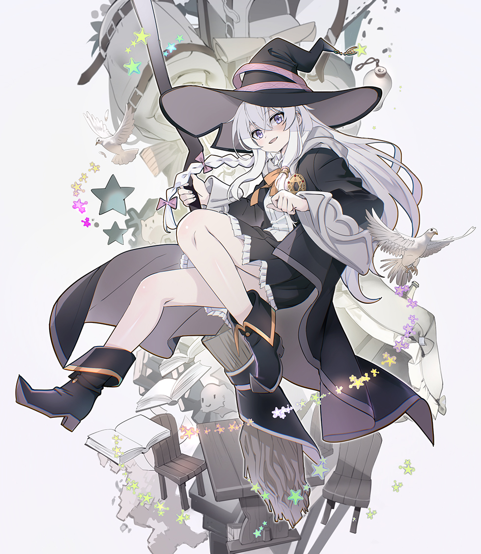 1girl bird boots bottle braid broom chair cloak elaina_(majo_no_tabitabi) full_body grey_hair hat holding holding_broom long_hair long_sleeves looking_at_viewer majo_no_tabitabi neck_ribbon nyoro_(nyoronyoro000) purple_eyes ribbon skirt solo star_(symbol) table wide_sleeves witch_hat