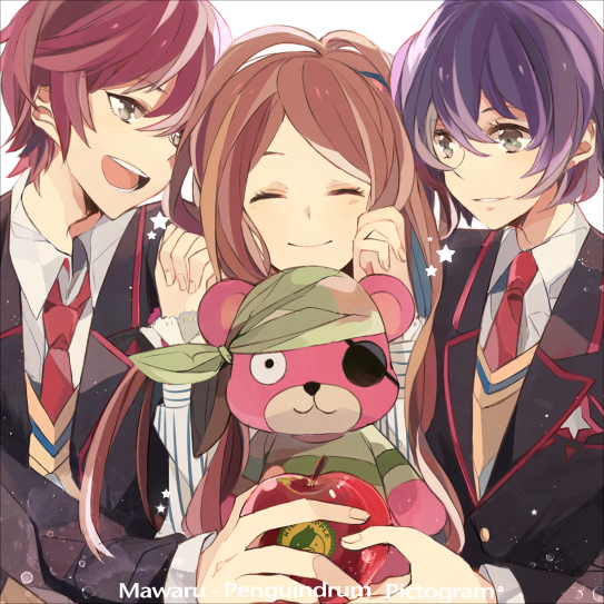 10s 1girl 2boys ^_^ apple bad_id bad_pixiv_id brown_hair closed_eyes closed_eyes food fruit green_eyes holding_hands kashi_(number) mawaru_penguindrum multiple_boys purple_hair red_hair school_uniform short_hair smie stuffed_animal stuffed_toy takakura_himari takakura_kanba takakura_shouma teddy_bear