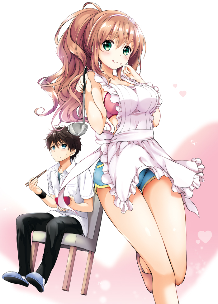 1boy 1girl :q akina_tsukako apron black_hair blue_eyes blush bra breasts brown_hair chair chopsticks frills gradient_background green_eyes hairband ikoma_agito kimijima_sen ladle long_hair looking_at_viewer ore_to_kanojo_no_moeyo_pen ponytail short_shorts shorts slippers smile tongue tongue_out underwear