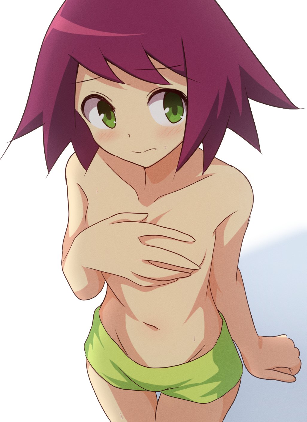 1girl arm_at_side averting_eyes blush breasts breasts_day closed_mouth collarbone commentary_request covering_breasts covering_privates cowboy_shot curakuru green_eyes green_shorts hand_on_breasts highres large_hands mega_man_(series) mega_man_star_force_(series) navel red_hair short_hair short_shorts shorts sideways_glance simple_background small_breasts solo sonia_strumm_(mega_man) split_mouth topless white_background