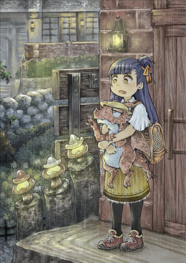 1girl animal backpack bag black_pantyhose blue_hair brick_wall brown_eyes building door dragon hat holding holding_animal long_hair mugi_sada mushroom one_side_up open_mouth original pantyhose rain raised_eyebrows shirt shoes short_sleeves skirt solo standing wall_lamp white_shirt yellow_skirt