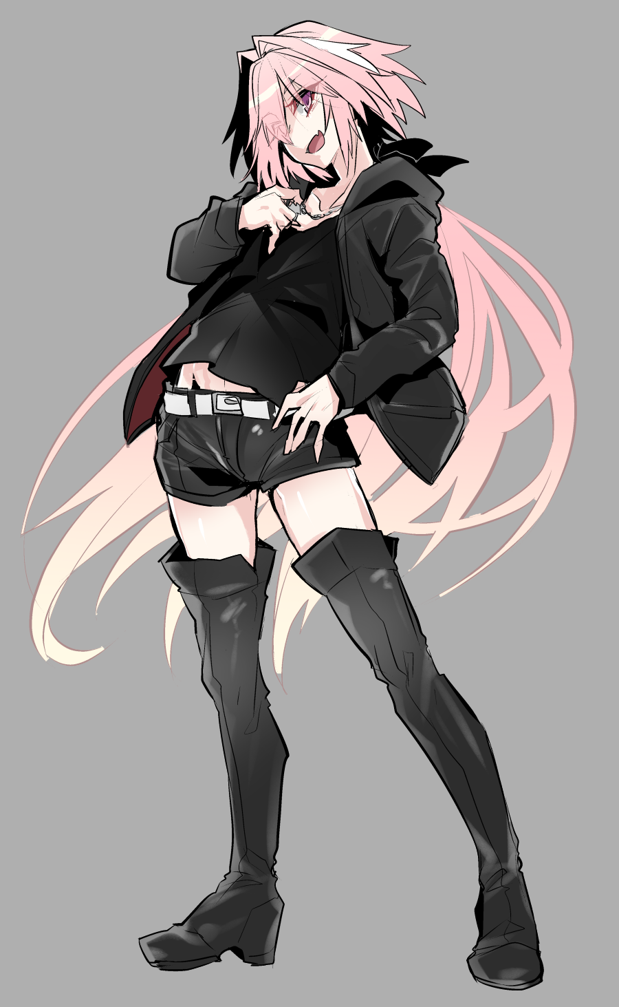 1boy androgynous artoria_pendragon_(fate) astolfo_(fate) belt black_bow black_footwear black_hoodie black_ribbon black_shirt black_shorts boots bow commentary_request cosplay denim denim_shorts eyes_visible_through_hair fang fate/apocrypha fate/grand_order fate_(series) gradient_hair grey_background hair_down hair_intakes hand_on_own_hip haoro highres hood hoodie long_hair long_sleeves male_focus multicolored_hair official_alternate_costume pink_eyes pink_hair ribbon saber_alter saber_alter_(cosplay) saber_alter_(ver._shinjuku_1999) saber_alter_(ver._shinjuku_1999)_(fate) saber_alter_(ver._shinjuku_1999)_(fate)_(cosplay) shirt shorts simple_background skin_fang smile solo standing streaked_hair thigh_boots thighhighs very_long_hair white_belt white_hair