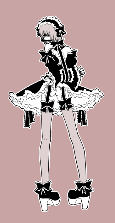 1boy arms_behind_back ass bdsm bit_gag blindfold bondage bound bound_arms crossdressing gag garter_straps gothic_lolita high_heels kau lolita_fashion maid male_focus monochrome platform_footwear shoes simple_background solo thighhighs togainu_no_chi trap