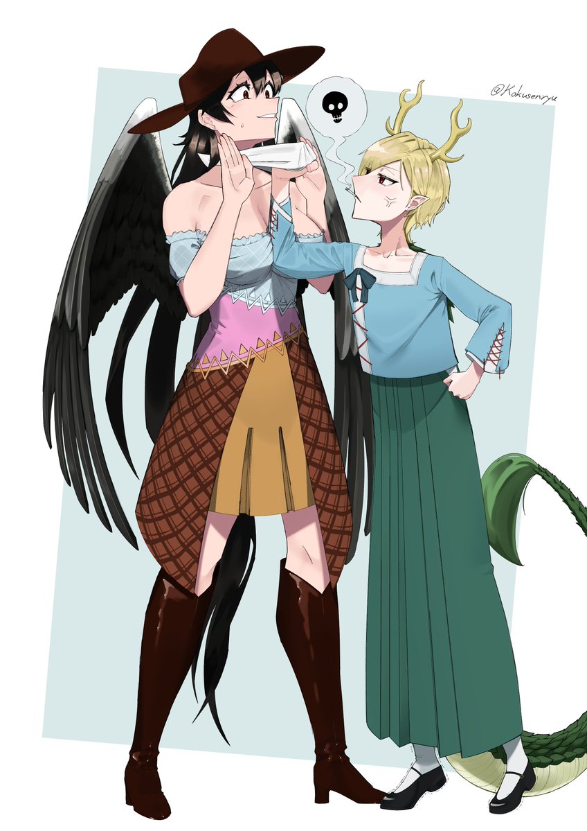 2girls anger_vein angry antlers bandana black_footwear black_hair black_wings blonde_hair blue_shirt blush boots breasts brown_hat cigarette clenched_hand closed_mouth cowboy_boots cowboy_hat dragon_girl dragon_horns dragon_tail feathered_wings fur-tipped_tail green_scales green_skirt green_tail hat holding_neckerchief horns kicchou_yachie kokusenryu kurokoma_saki long_hair looking_at_another monster_girl multiple_girls off-shoulder_shirt off_shoulder pegasus_wings pointy_ears red_eyes scales scowl shirt short_hair simple_background skirt smile smoke smoking socks square_neckline standing sweatdrop tail touhou turtle_shell white_bandana white_socks wings yellow_horns