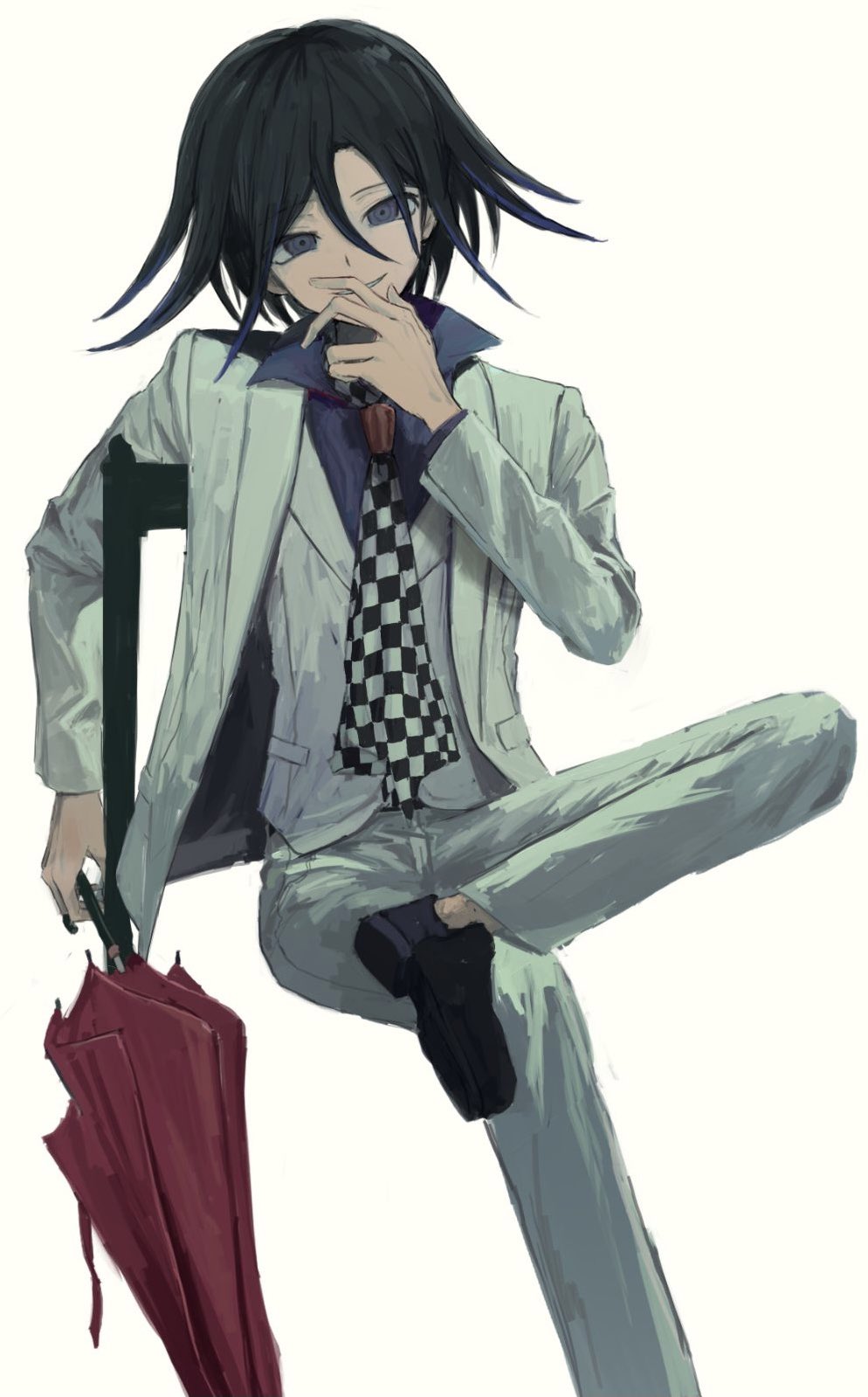 1boy black_footwear black_hair danganronpa_(series) danganronpa_10th_anniversary_costume danganronpa_v3:_killing_harmony hair_between_eyes highres holding invisible_chair iumi_urura jacket long_sleeves looking_at_viewer male_focus official_alternate_costume oma_kokichi pants purple_eyes purple_hair red_umbrella scarf shirt shoes short_hair simple_background sitting smile solo umbrella white_jacket white_pants