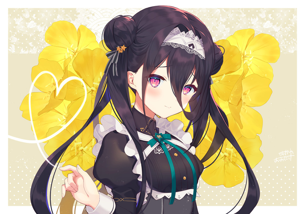 1girl black_dress black_hair blush border breasts closed_mouth commentary_request double_bun dress flower frilled_dress frills green_ribbon hair_between_eyes hair_bun hair_ornament hair_ribbon hairband juliet_sleeves long_bangs long_hair long_sleeves looking_at_viewer maid neck_ribbon okanoyuno puffy_sleeves purple_eyes ribbon shichiseiken_(tenka_hyakken) signature small_breasts solo star_(symbol) star_hair_ornament tenka_hyakken upper_body white_border white_hairband yellow_flower