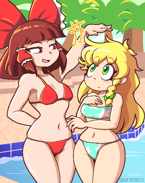 2girls alternate_costume arm_behind_back bikini blonde_hair blue_bikini blunt_bangs braid breasts brown_hair green_eyes hair_ribbon hakurei_reimu height_comparison height_difference kirisame_marisa long_hair medium_hair multiple_girls navel palm_tree pool quarium red_bikini red_eyes ribbon side_braid skindentation star_(symbol) swimsuit tall_female touhou tree