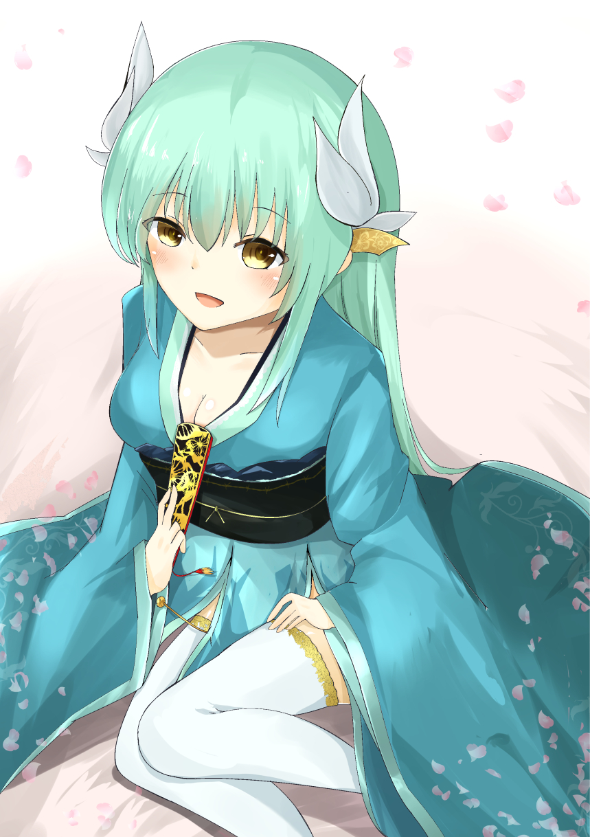 berserker_(kiyohime) blush dress fate/grand_order fate_(series) green_hair highres japanese_clothes kimono long_hair red_eyes robbpn smile