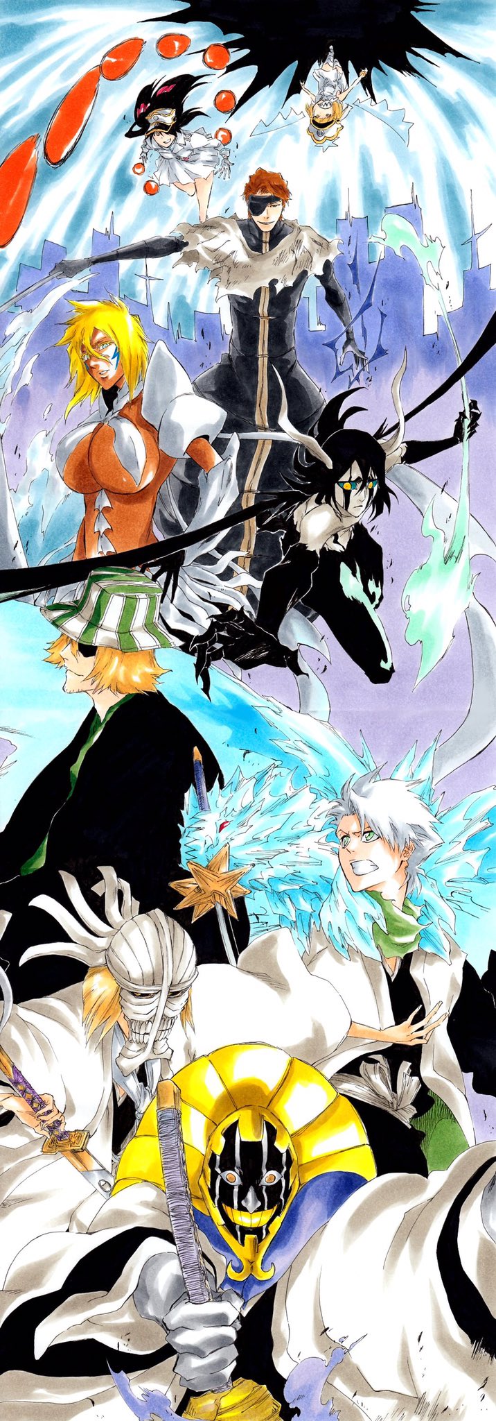 3girls 6+boys aizen_sousuke arrancar bambietta_basterbine bankai black_bodysuit black_hair black_kimono black_sclera bleach bleach:_sennen_kessen-hen blonde_hair blue_halo blunt_bangs bob_cut bodysuit breasts brown_hair casting_spell claws cleavage clenched_teeth closed_mouth colored_eyelashes colored_sclera colored_skin commentary_request commission cowboy_shot daiguren_hyourinmaru_(bankai) dark-skinned_female dark_skin demon_boy demon_horns demon_wings dress energy_ball energy_spear energy_wings expressionless eyepatch facial_hair facial_mark fighting_stance floating_hair foreshortening gloves green_eyes green_sclera grin hair_between_eyes halo hand_on_own_hip haori hat highres hirako_shinji hitsugaya_toushirou holding holding_polearm holding_sword holding_weapon horns ice ice_wings incoming_attack japanese_clothes katana ken&#039;ichi_(ken1ro_u) kimono kubo_tite_(style) kurotsuchi_mayuri large_breasts liltotto_lamperd long_hair long_sleeves looking_at_viewer looking_up makeup male_focus mask military_hat military_uniform miniskirt multiple_boys multiple_girls neckerchief obi official_style one_eye_covered outstretched_arm parted_lips pleated_skirt polearm profile purple_background resurreccion resurreccion:_segunda_etapa sash shaded_face sharp_teeth shirt short_dress short_hair simple_background skirt sleeveless sleeveless_dress smile spiked_hair stubble sword teeth thighhighs tier_harribel tsurime ulquiorra_cifer upper_body upside-down upturned_eyes urahara_kisuke vollstandig weapon white_dress white_gloves white_hair white_hat white_neckerchief white_shirt white_skin white_skirt white_thighhighs wide-eyed wide_shot wings yellow_eyes yellow_teeth zettai_ryouiki