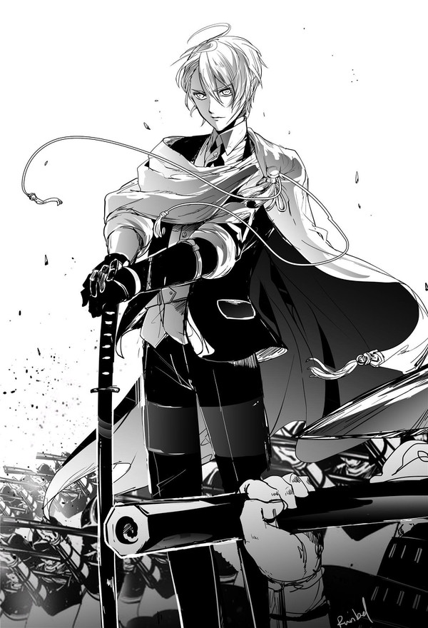 1boy ahoge army cannon cape cloak formal_clothes greyscale gun katana looking_at_viewer male_focus monochrome musket planted_sword planted runbel sheath sheathed suit sword touken_ranbu weapon yamanbagiri_chougi