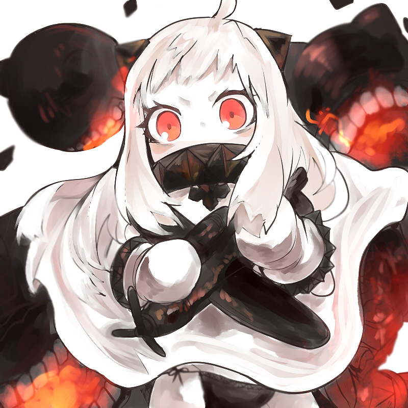 1girl a6m_zero abyssal_ship aircraft airplane black_panties colored_skin dress horns itomugi-kun kantai_collection long_hair military_vehicle mittens monster northern_ocean_princess pale_skin panties propeller_fighter red_eyes side-tie_panties solo underwear white_dress white_hair white_skin