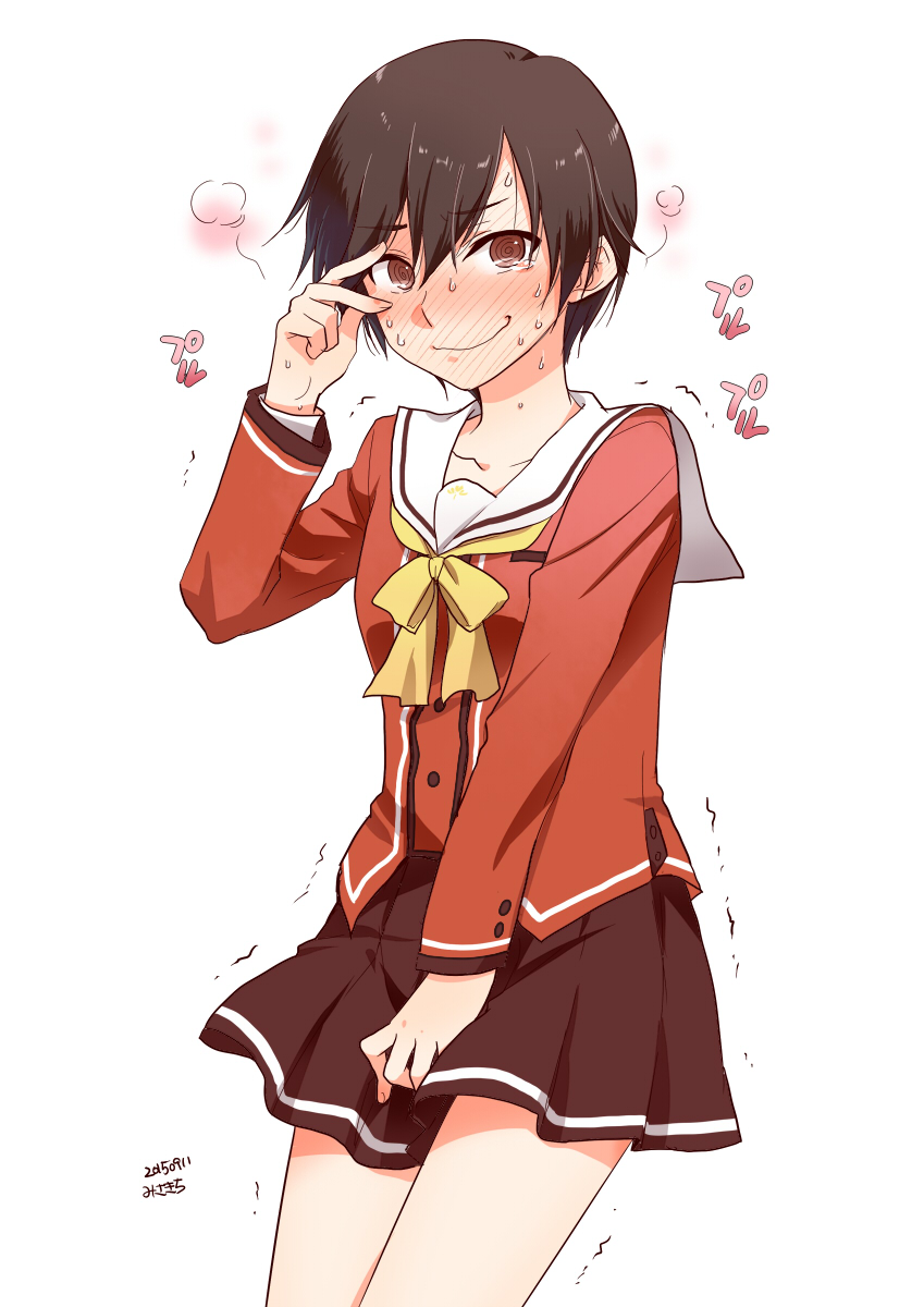 10s 1boy black_hair blush charlotte_(anime) crossdressing embarrassed full-face_blush highres male_focus misaki_juri otosaka_yuu red_eyes school_uniform serafuku short_hair simple_background solo standing sweat tears trembling v_over_eye wavy_mouth