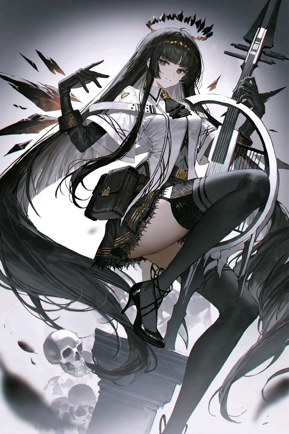 1girl angel_wings arknights ascot black_ascot black_eyes black_skirt black_thighhighs detached_wings dress fallen_angel floating_hair full_body halo high_heels highres holding holding_instrument ifiedrop instrument long_hair looking_at_viewer skirt solo thighhighs very_long_hair virtuosa_(arknights) white_dress wings