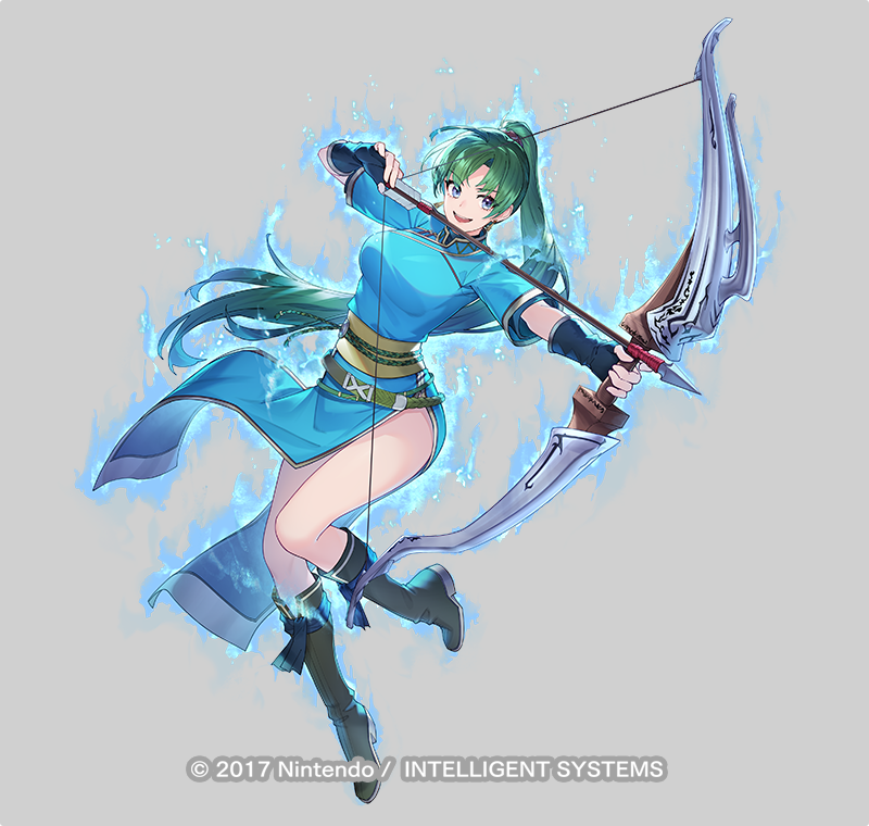 1girl attack aura bare_legs blue_eyes boots bow_(weapon) breasts copyright_notice drawing_bow earrings essual_(layer_world) fingerless_gloves fire_emblem fire_emblem:_the_blazing_blade fire_emblem_engage fire_emblem_heroes gloves green_boots green_hair grey_background holding holding_bow_(weapon) holding_weapon jewelry knee_boots long_hair looking_at_viewer lyn_(emblem)_(fire_emblem) lyn_(fire_emblem) medium_breasts nintendo official_art open_mouth ponytail short_sleeves simple_background smile solo tachi-e thighs v-shaped_eyebrows weapon